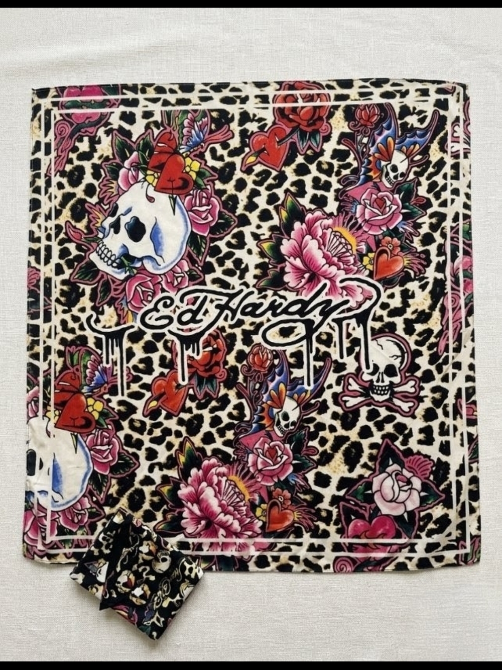 Ed Hardy Leopard Skull Floral Scarf - Pink, Black, Cream